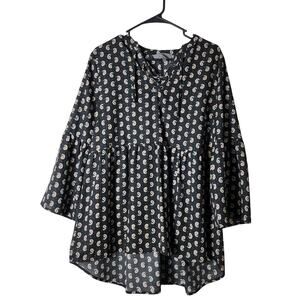 Sunday in Brooklyn Blouse Size Large Black Paisley Lace Up Bell Sleeve